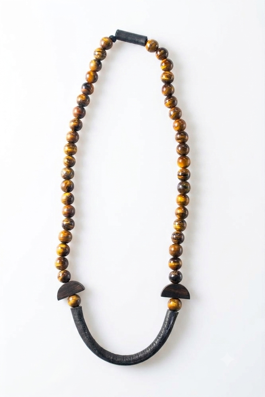 Uko tigereye, leather and wood necklace